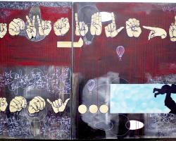 Signs Of Change, large scale abstract painting,Bryan Matthew Boutwell,acrylic,spray paint,oil marker,on canvass,sign language, hands, getting sober for our children, San Francisco Art Galleries,Oakland CA artists,original and modern abstract art